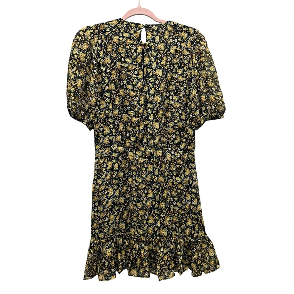 Sezane Margot Floral Mini Dress Black Yellow Puff Sleeve Ruffle Hem Size 36